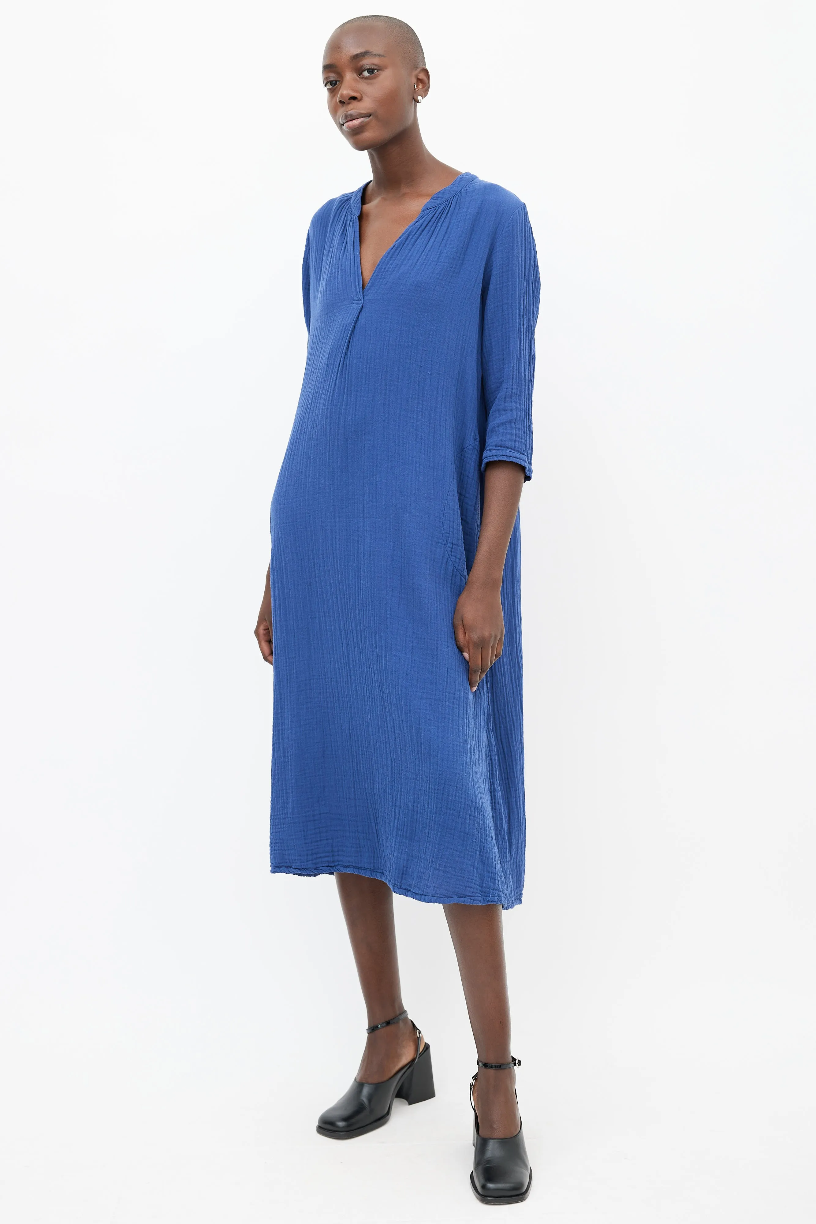 Blue Cotton Three-Quarter Sleeve Dress