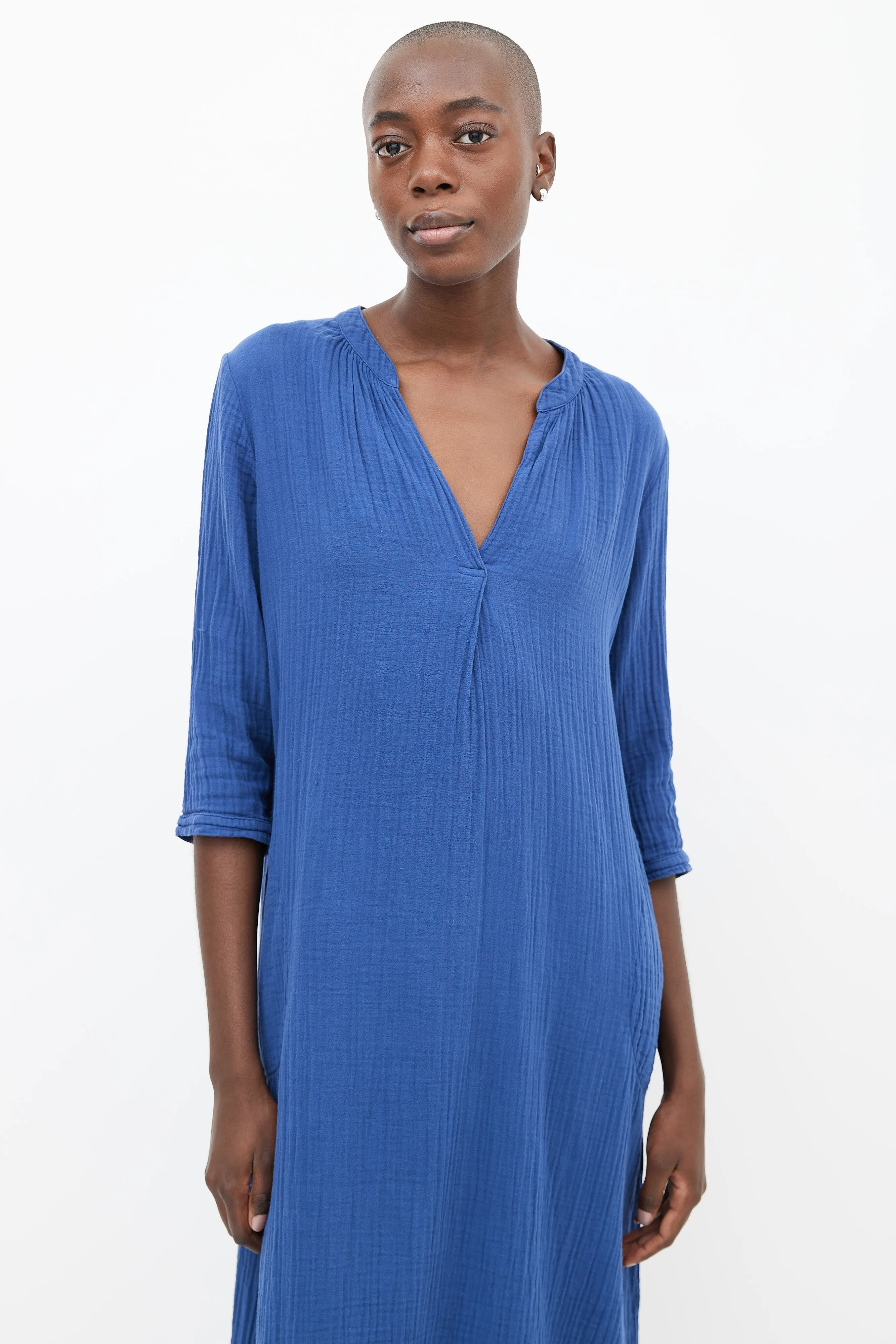 Blue Cotton Three-Quarter Sleeve Dress