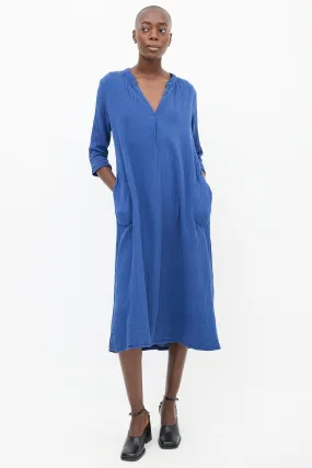 Blue Cotton Three-Quarter Sleeve Dress