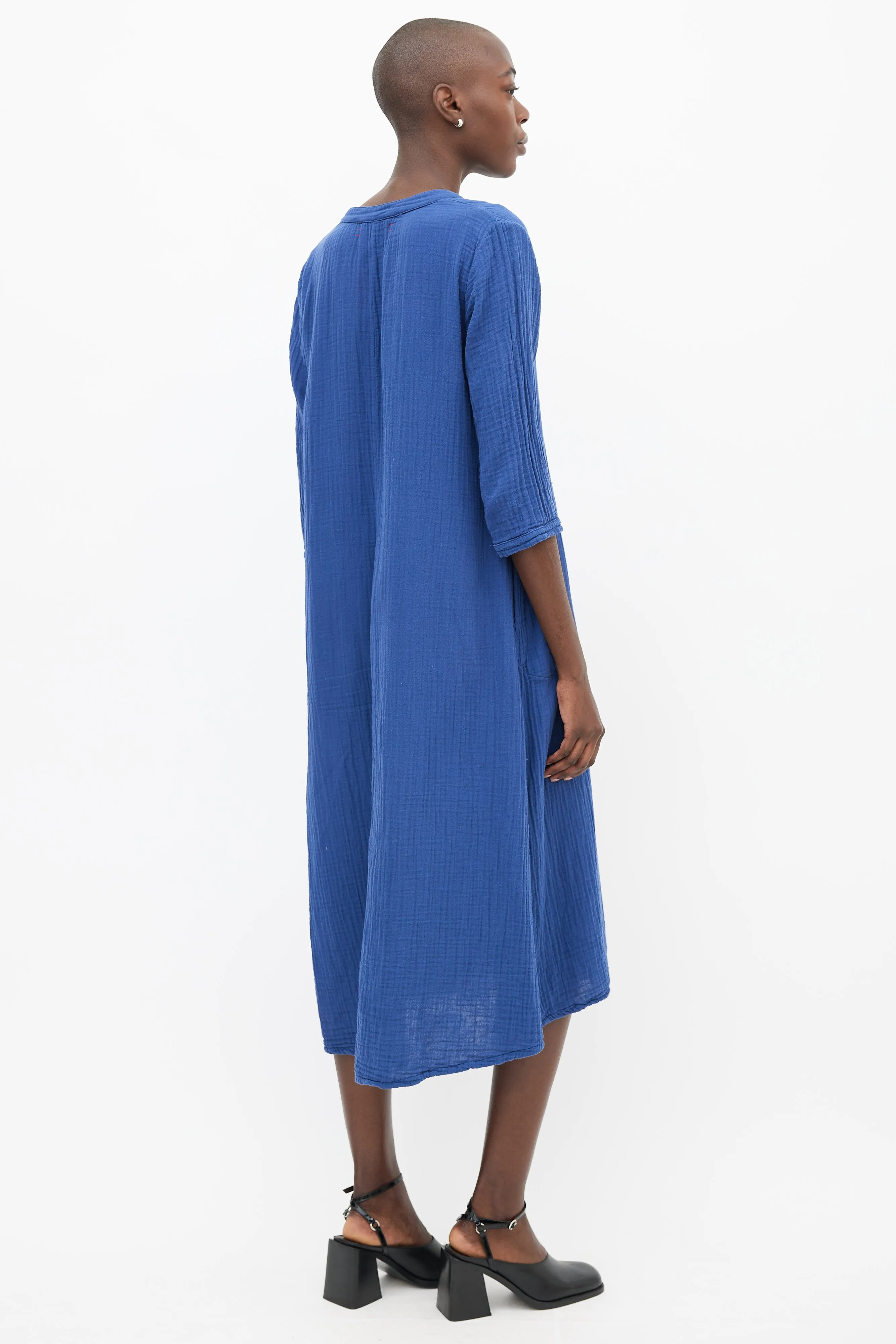Blue Cotton Three-Quarter Sleeve Dress