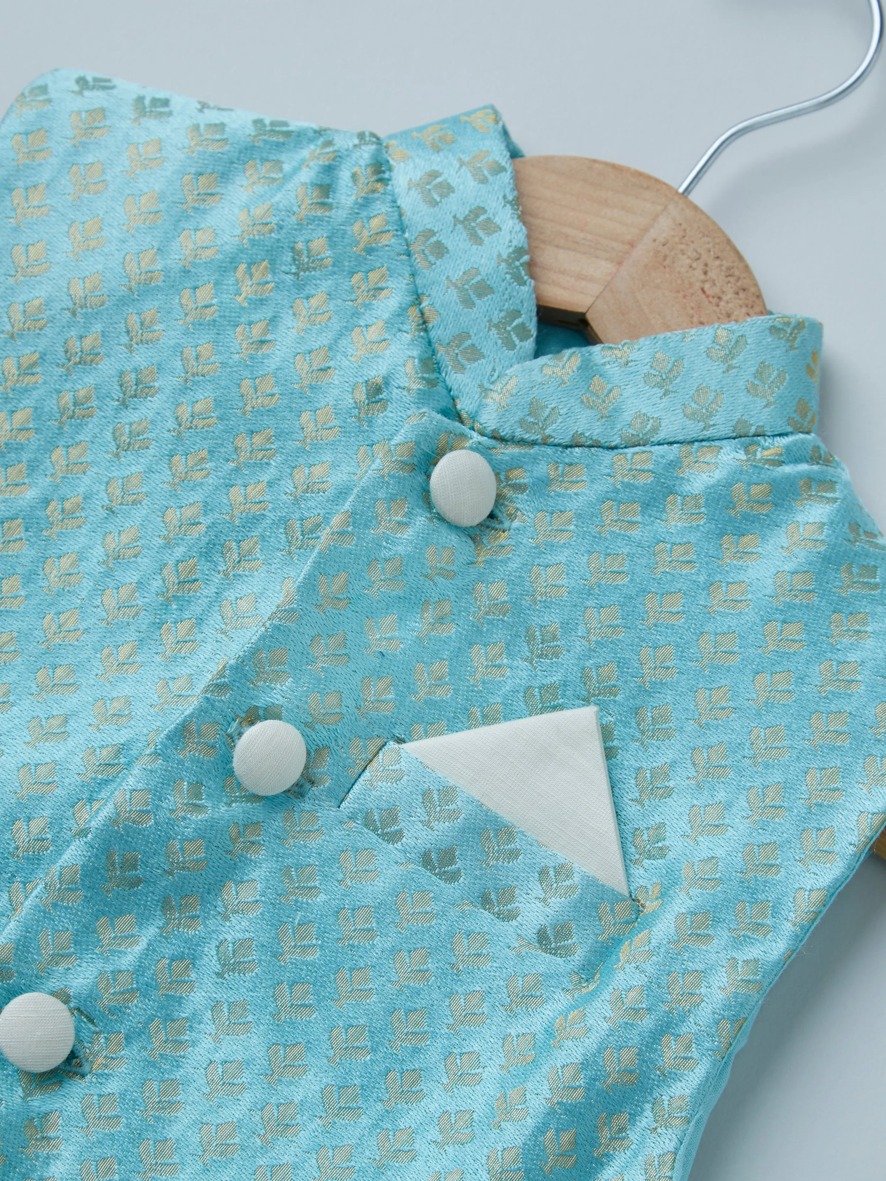 Brocade Sky Blue Bandi & Satin Linen Kurta Set