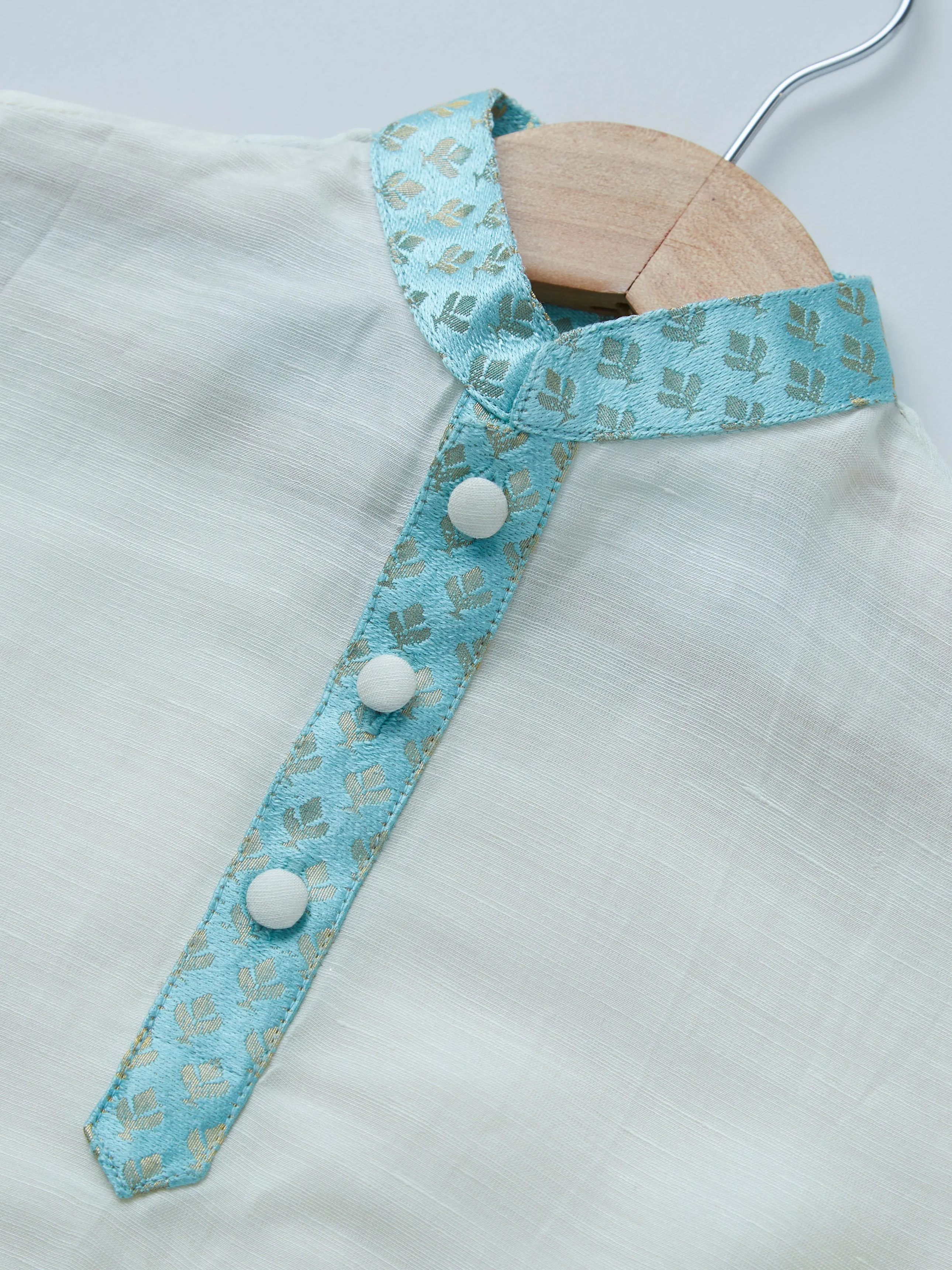 Brocade Sky Blue Bandi & Satin Linen Kurta Set