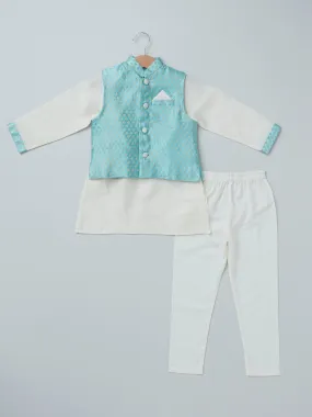 Brocade Sky Blue Bandi & Satin Linen Kurta Set
