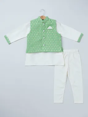 Chanderi Green Bandi & Satin Linen Kurta Set