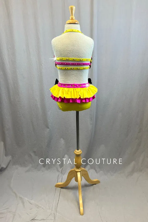 Custom Yellow and Pink Cheetah Two Piece with Ruffle Half Skirt and Bow Details - Rhinestones