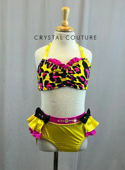 Custom Yellow and Pink Cheetah Two Piece with Ruffle Half Skirt and Bow Details - Rhinestones