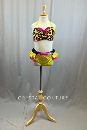 Custom Yellow and Pink Cheetah Two Piece with Ruffle Half Skirt and Bow Details - Rhinestones