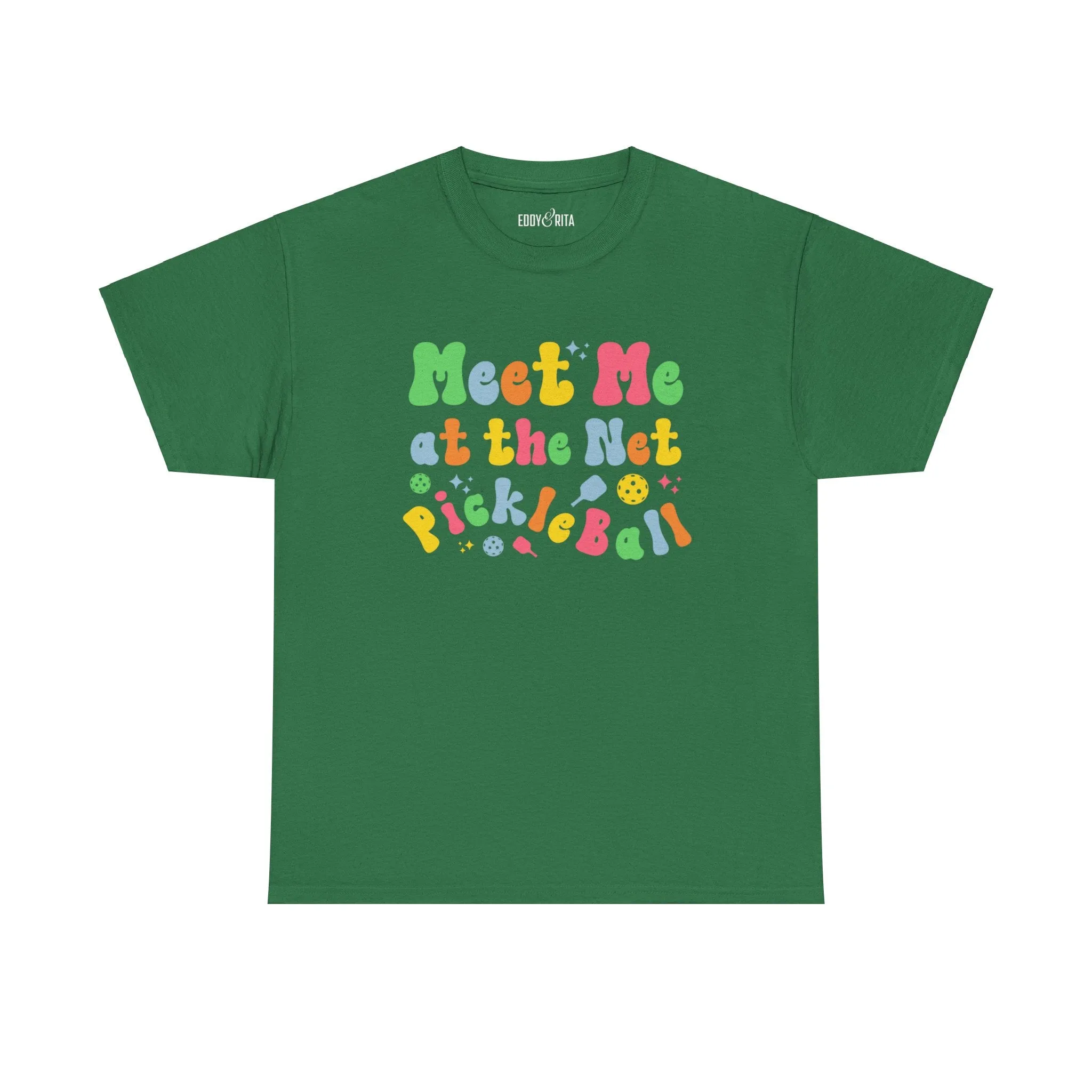 Eddy and Rita Women's Heavy Cotton T-Shirt - "Meet Me at the Net Pickleball" Graphic Tee for Pickleball Enthusiasts