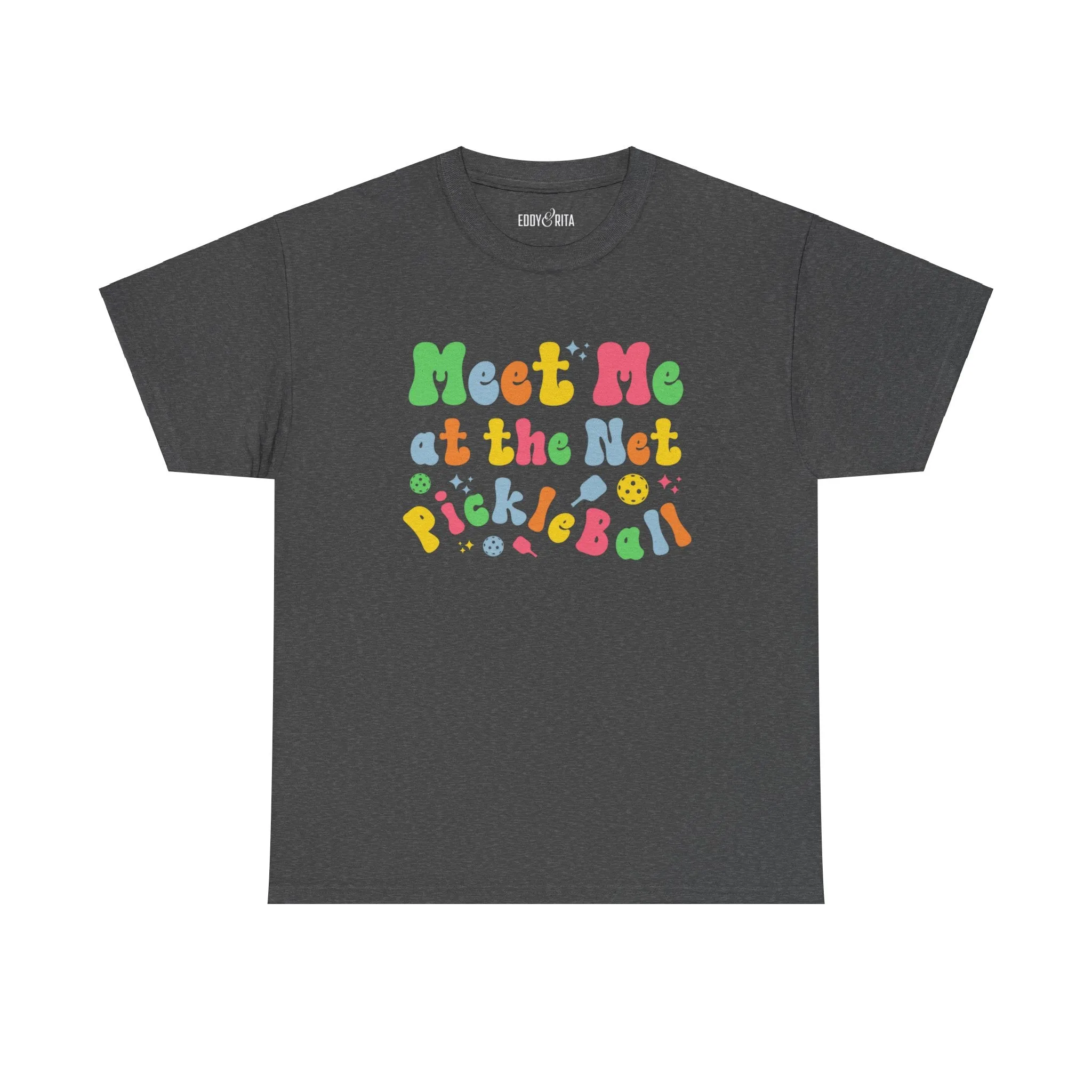 Eddy and Rita Women's Heavy Cotton T-Shirt - "Meet Me at the Net Pickleball" Graphic Tee for Pickleball Enthusiasts