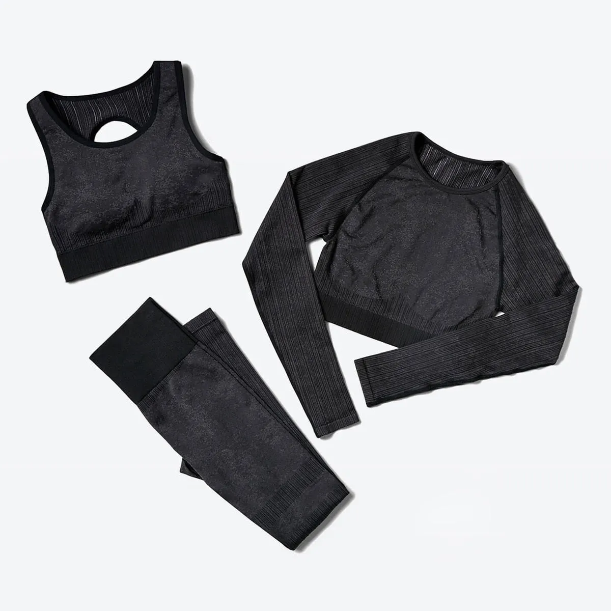Explosive Three Piece Sports Suit Seamless Quick Dry Bra Long Sleeves Coat Breathable Track Pants Striped Print Gym Set
