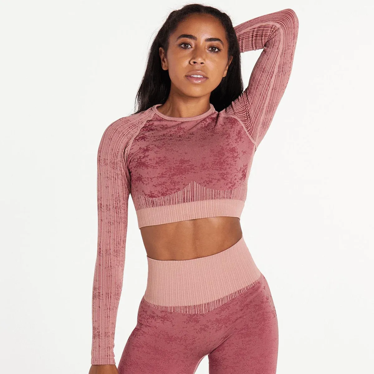 Explosive Three Piece Sports Suit Seamless Quick Dry Bra Long Sleeves Coat Breathable Track Pants Striped Print Gym Set