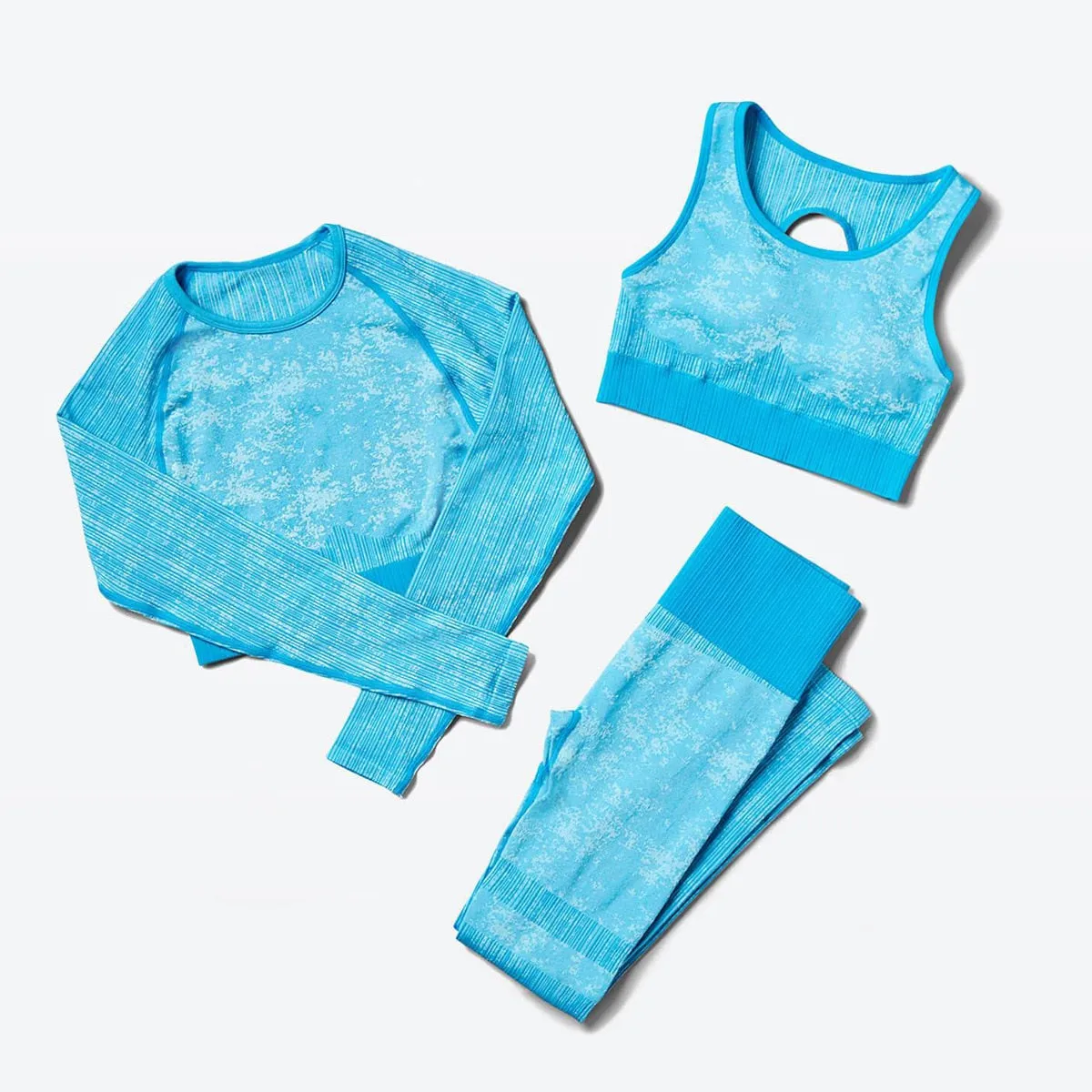 Explosive Three Piece Sports Suit Seamless Quick Dry Bra Long Sleeves Coat Breathable Track Pants Striped Print Gym Set