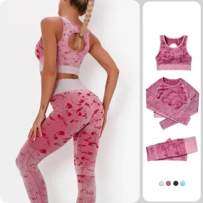 Explosive Three Piece Sports Suit Seamless Quick Dry Bra Long Sleeves Coat Breathable Track Pants Striped Print Gym Set