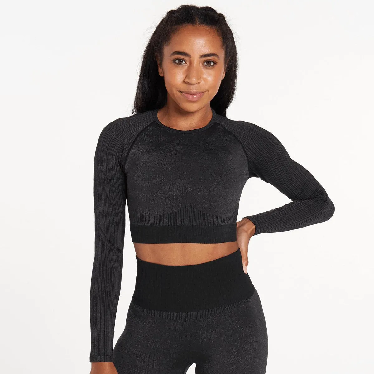 Explosive Three Piece Sports Suit Seamless Quick Dry Bra Long Sleeves Coat Breathable Track Pants Striped Print Gym Set