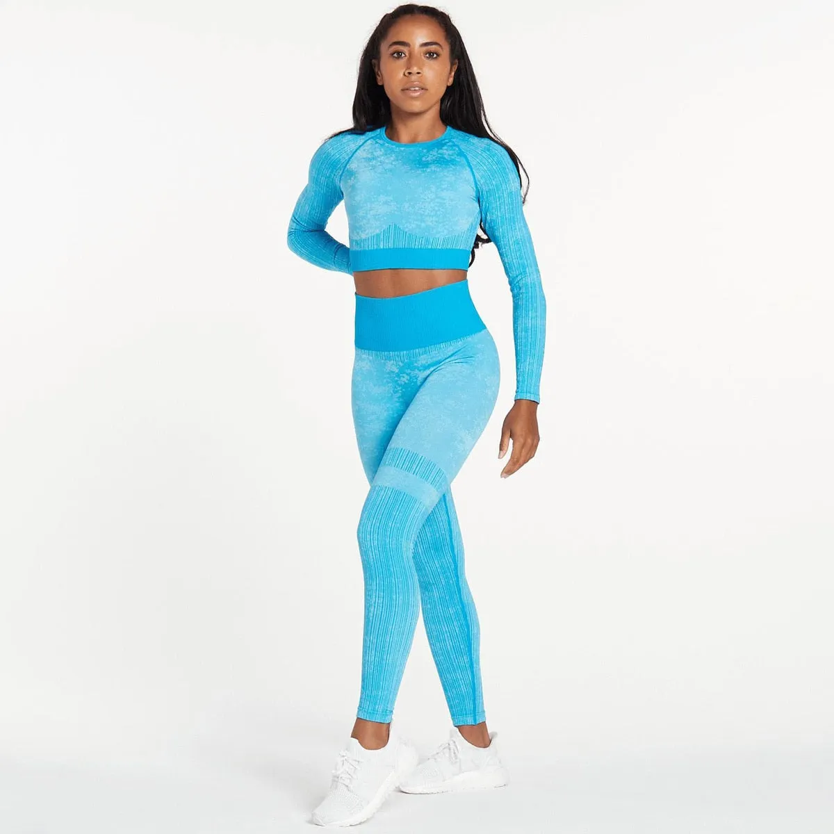 Explosive Three Piece Sports Suit Seamless Quick Dry Bra Long Sleeves Coat Breathable Track Pants Striped Print Gym Set