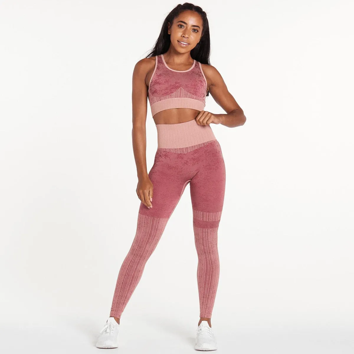 Explosive Three Piece Sports Suit Seamless Quick Dry Bra Long Sleeves Coat Breathable Track Pants Striped Print Gym Set