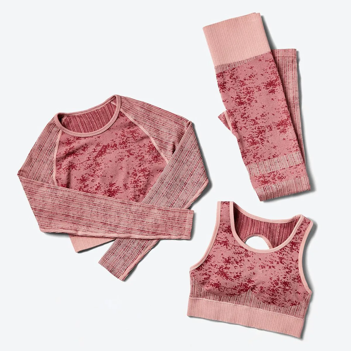 Explosive Three Piece Sports Suit Seamless Quick Dry Bra Long Sleeves Coat Breathable Track Pants Striped Print Gym Set