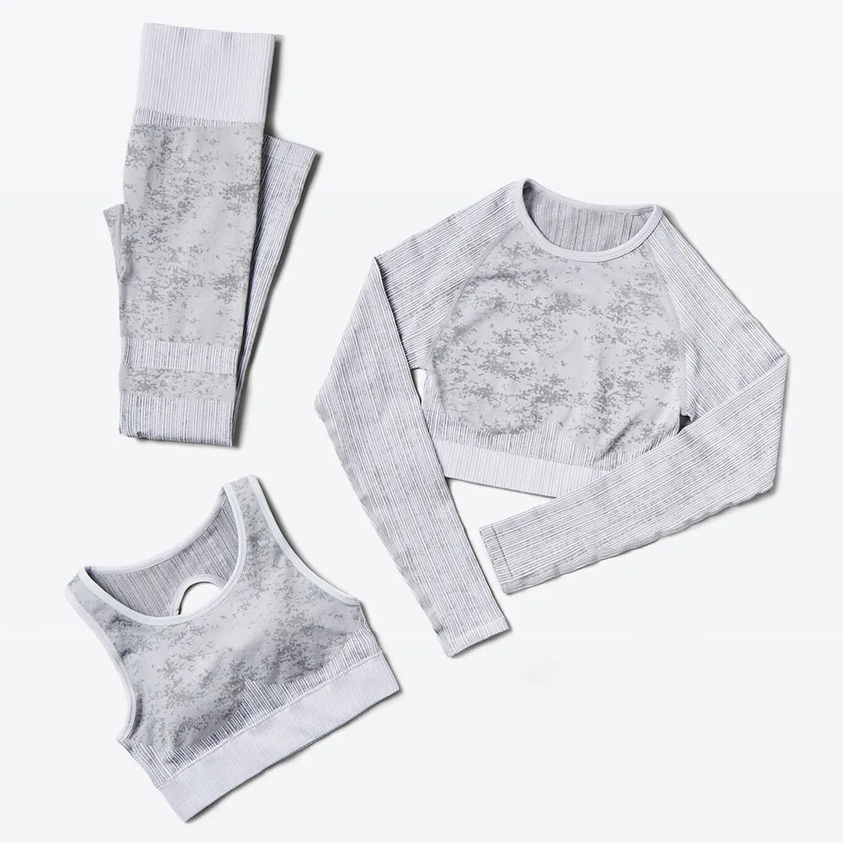 Explosive Three Piece Sports Suit Seamless Quick Dry Bra Long Sleeves Coat Breathable Track Pants Striped Print Gym Set