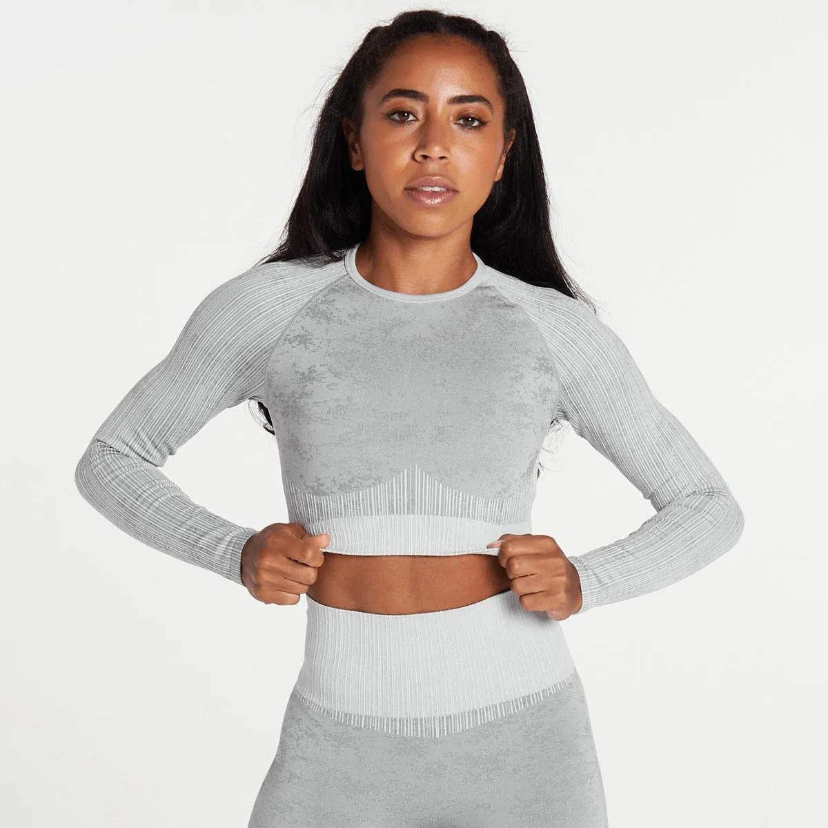 Explosive Three Piece Sports Suit Seamless Quick Dry Bra Long Sleeves Coat Breathable Track Pants Striped Print Gym Set