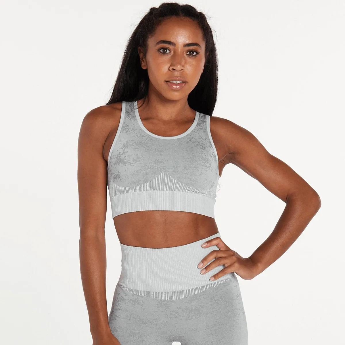 Explosive Three Piece Sports Suit Seamless Quick Dry Bra Long Sleeves Coat Breathable Track Pants Striped Print Gym Set