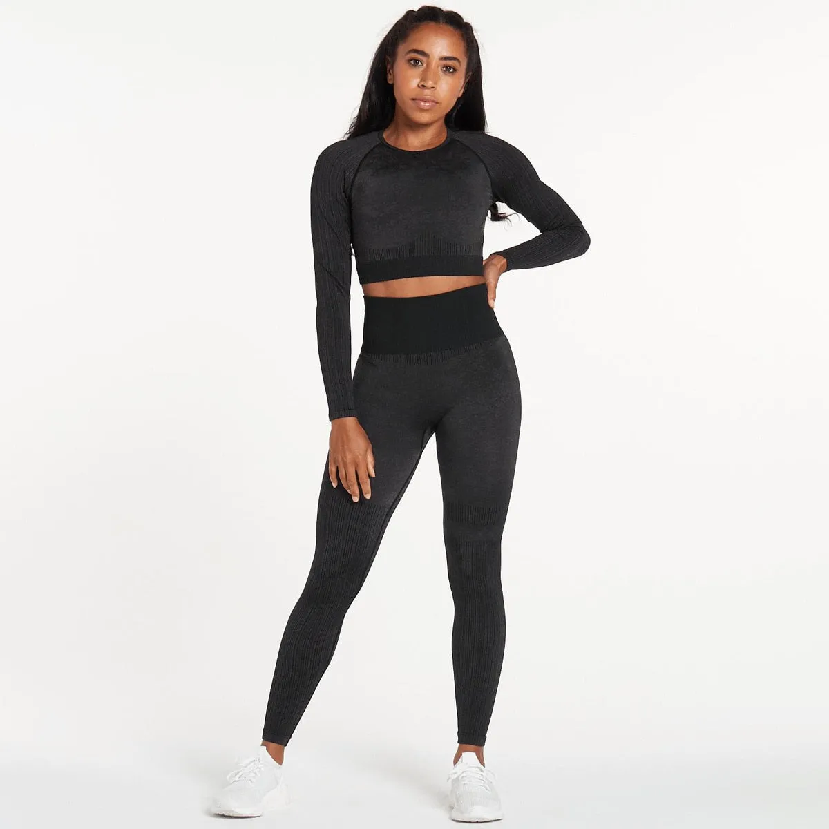 Explosive Three Piece Sports Suit Seamless Quick Dry Bra Long Sleeves Coat Breathable Track Pants Striped Print Gym Set