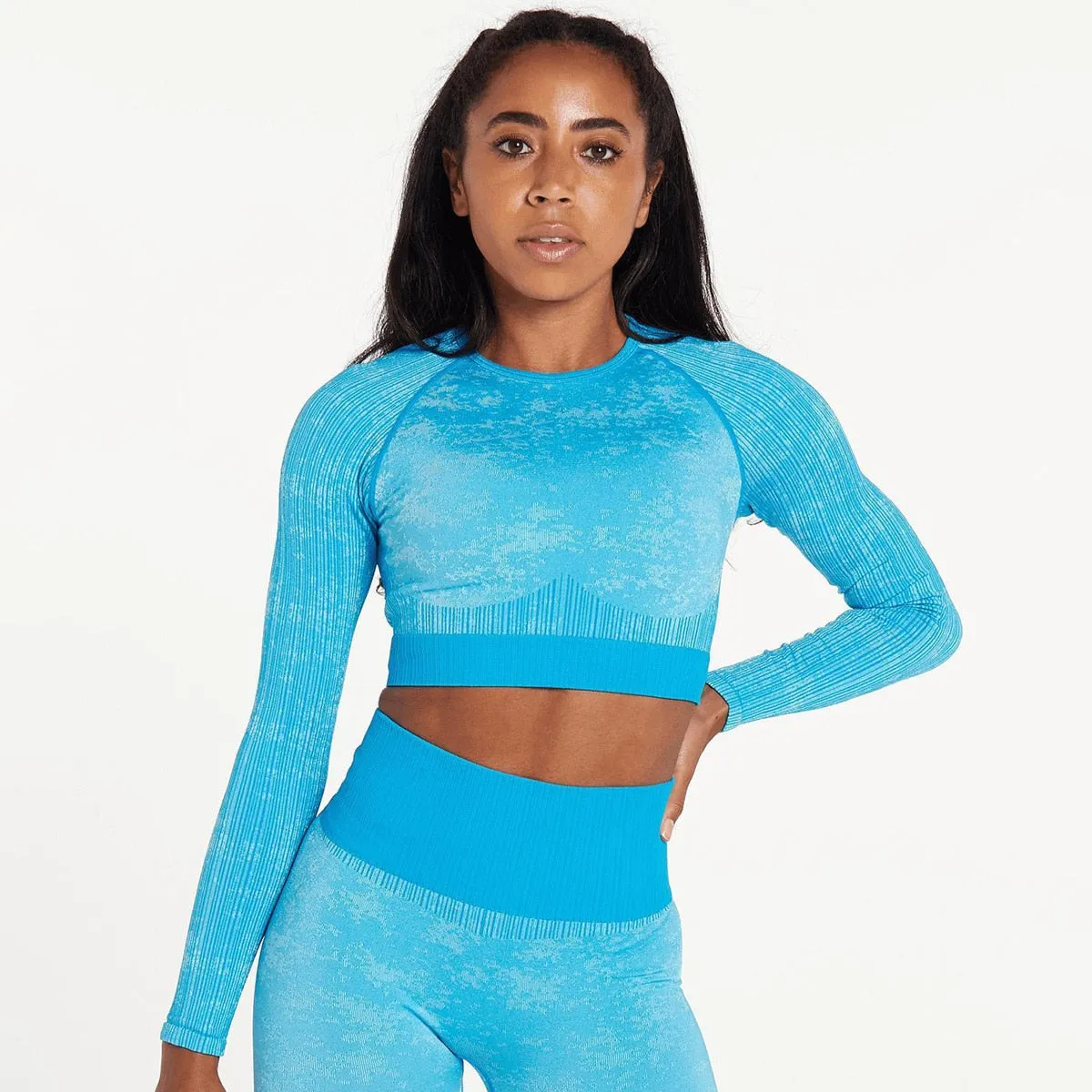 Explosive Three Piece Sports Suit Seamless Quick Dry Bra Long Sleeves Coat Breathable Track Pants Striped Print Gym Set