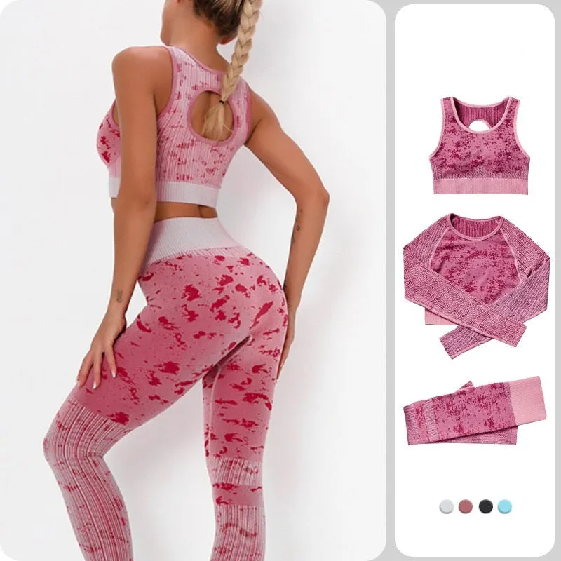 Explosive Three Piece Sports Suit Seamless Quick Dry Bra Long Sleeves Coat Breathable Track Pants Striped Print Gym Set