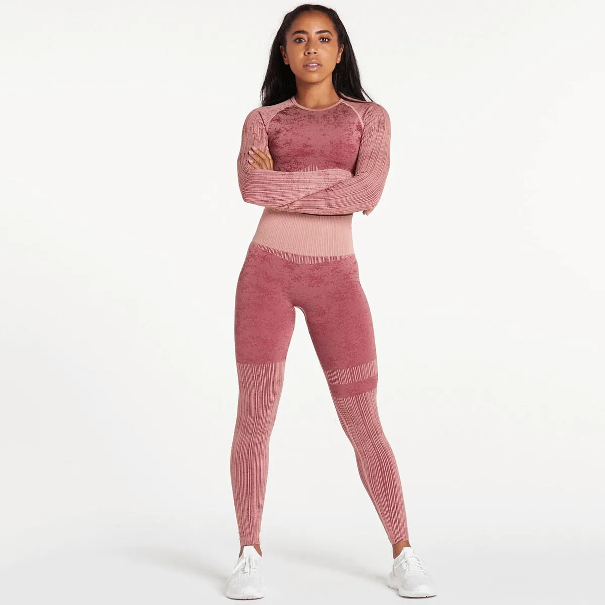 Explosive Three Piece Sports Suit Seamless Quick Dry Bra Long Sleeves Coat Breathable Track Pants Striped Print Gym Set