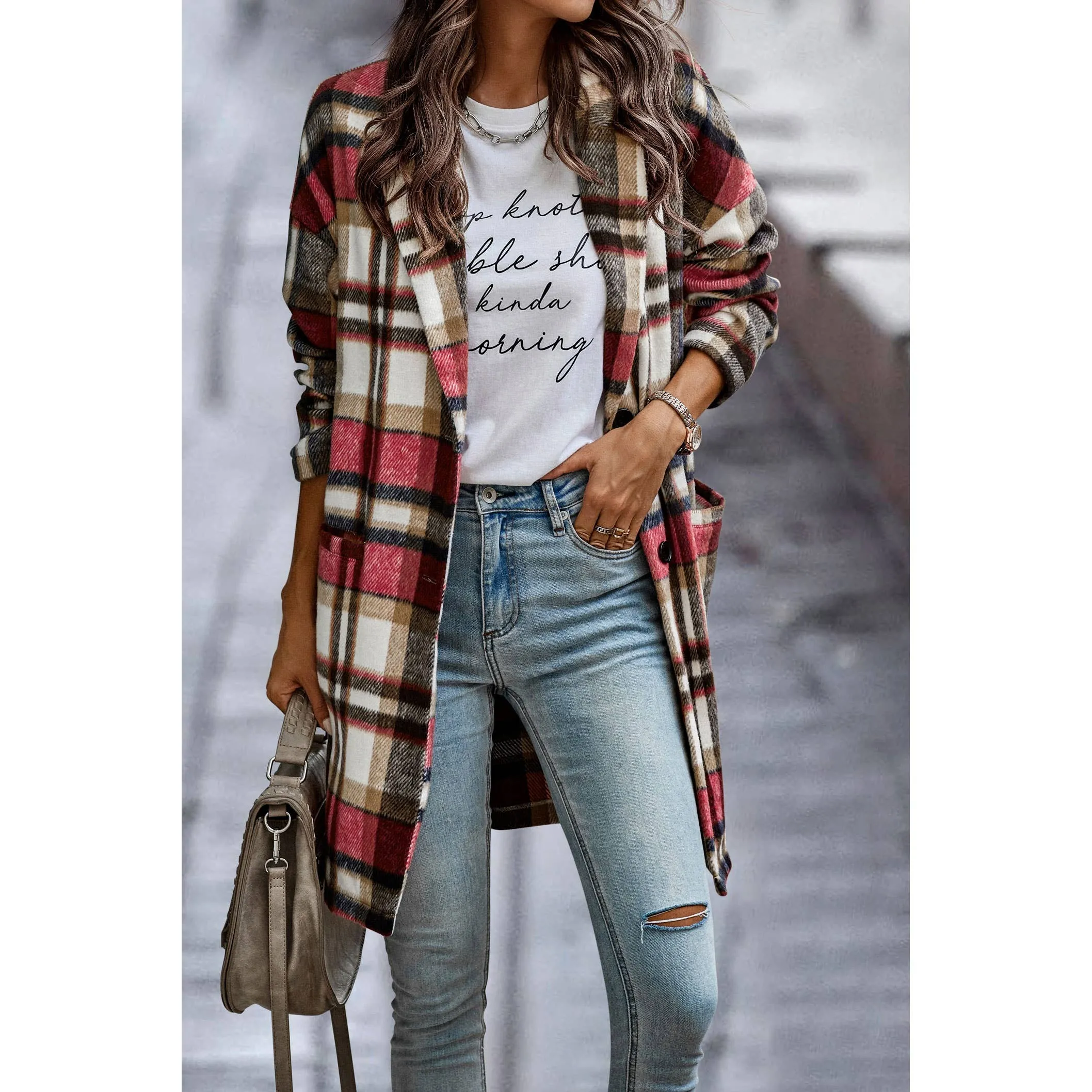 Plaid Print Long Suit Coat