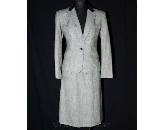 Size 6 Tweed Suit - 1970s Black & White Jacket and Skirt with Equestrian Styling - Classic Evan-Picone - Sophisticated - Bust 34 - 38702