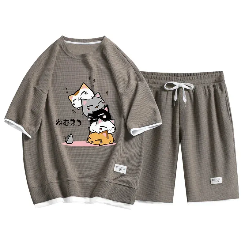 Summer Gym Fitness Waffle Sports Suit Breathable Casual T-shirt Shorts Two-piece Set Men's Sports Comfort Suit 2024 New M-3XL