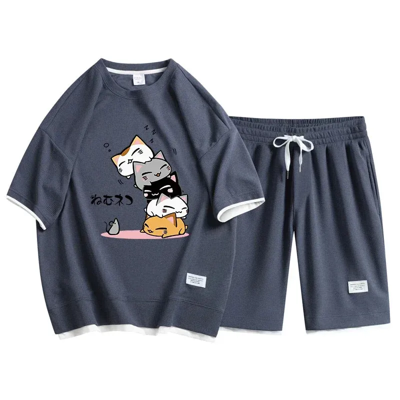 Summer Gym Fitness Waffle Sports Suit Breathable Casual T-shirt Shorts Two-piece Set Men's Sports Comfort Suit 2024 New M-3XL