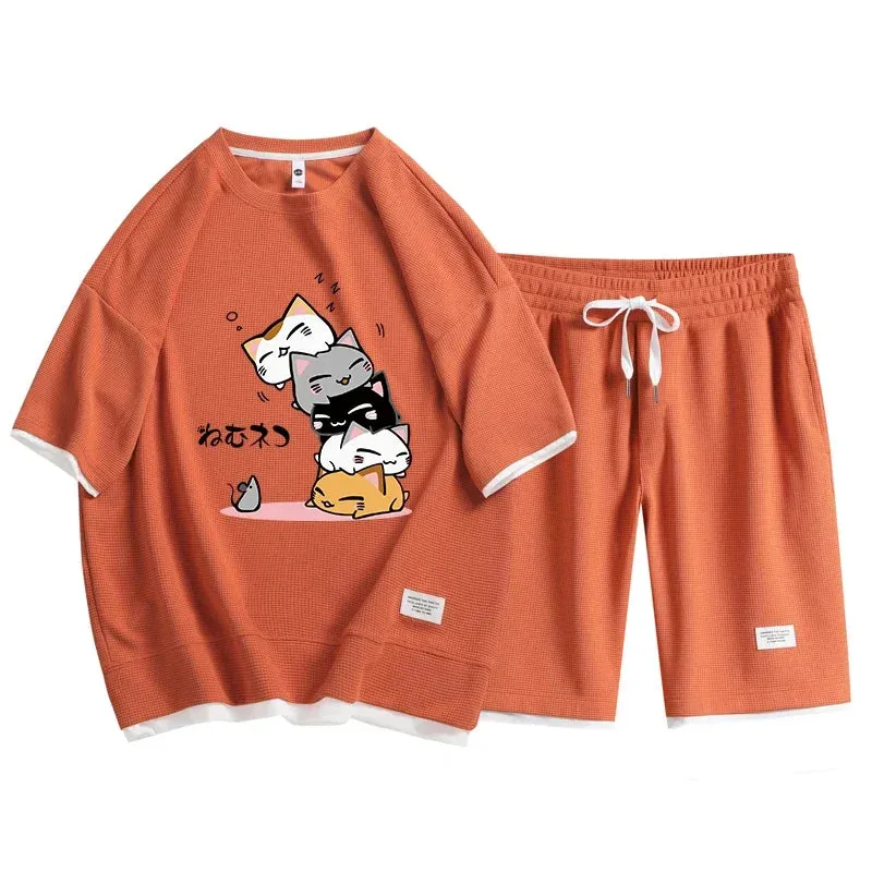 Summer Gym Fitness Waffle Sports Suit Breathable Casual T-shirt Shorts Two-piece Set Men's Sports Comfort Suit 2024 New M-3XL