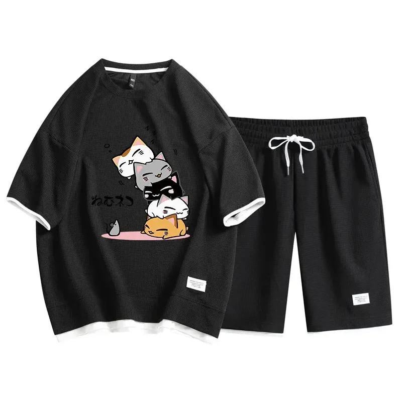 Summer Gym Fitness Waffle Sports Suit Breathable Casual T-shirt Shorts Two-piece Set Men's Sports Comfort Suit 2024 New M-3XL