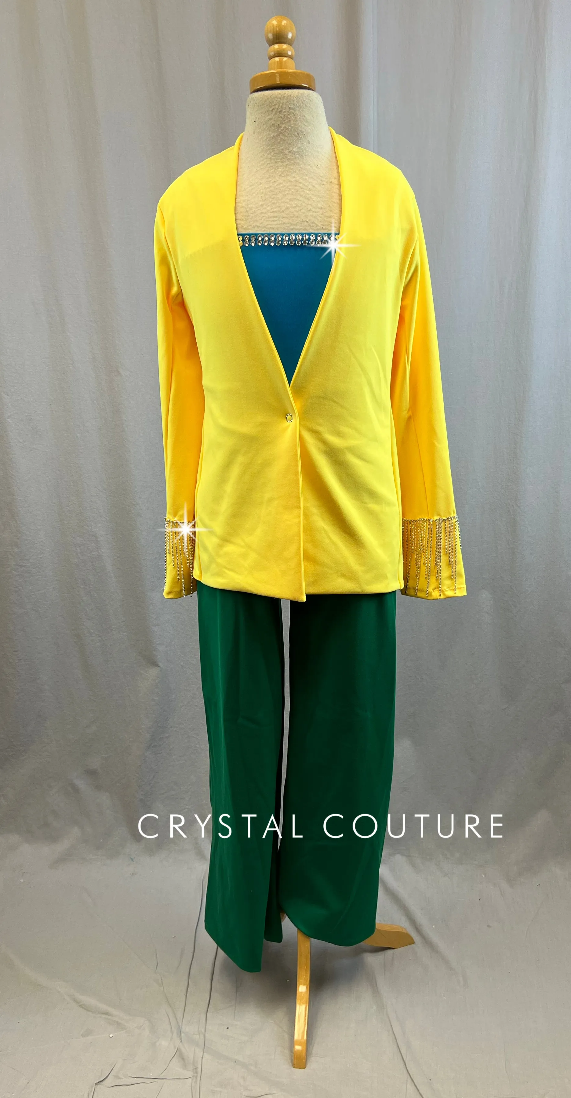 Tri Color 3-Piece Set - Yellow Jacket, Blue Sports Bra and Green Pants - Rhinestones