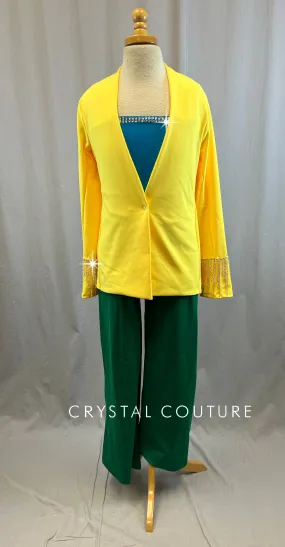 Tri Color 3-Piece Set - Yellow Jacket, Blue Sports Bra and Green Pants - Rhinestones