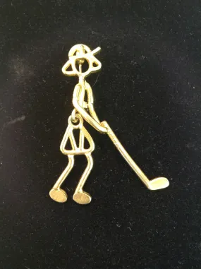 Vintage Goldtone Comic Lady Golfer MCM Stick Figure Brooch Pin Jointed Golf Swing