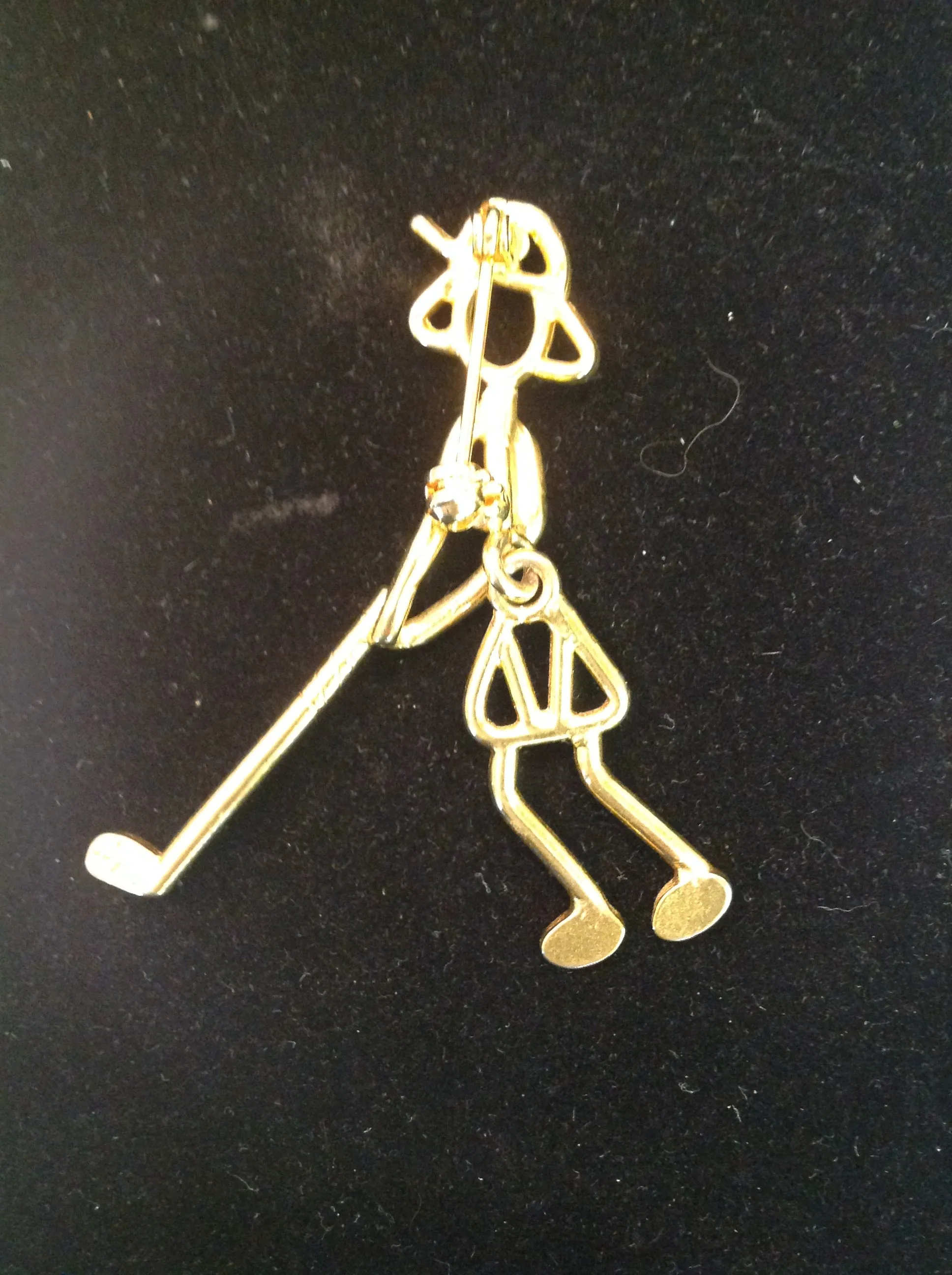 Vintage Goldtone Comic Lady Golfer MCM Stick Figure Brooch Pin Jointed Golf Swing