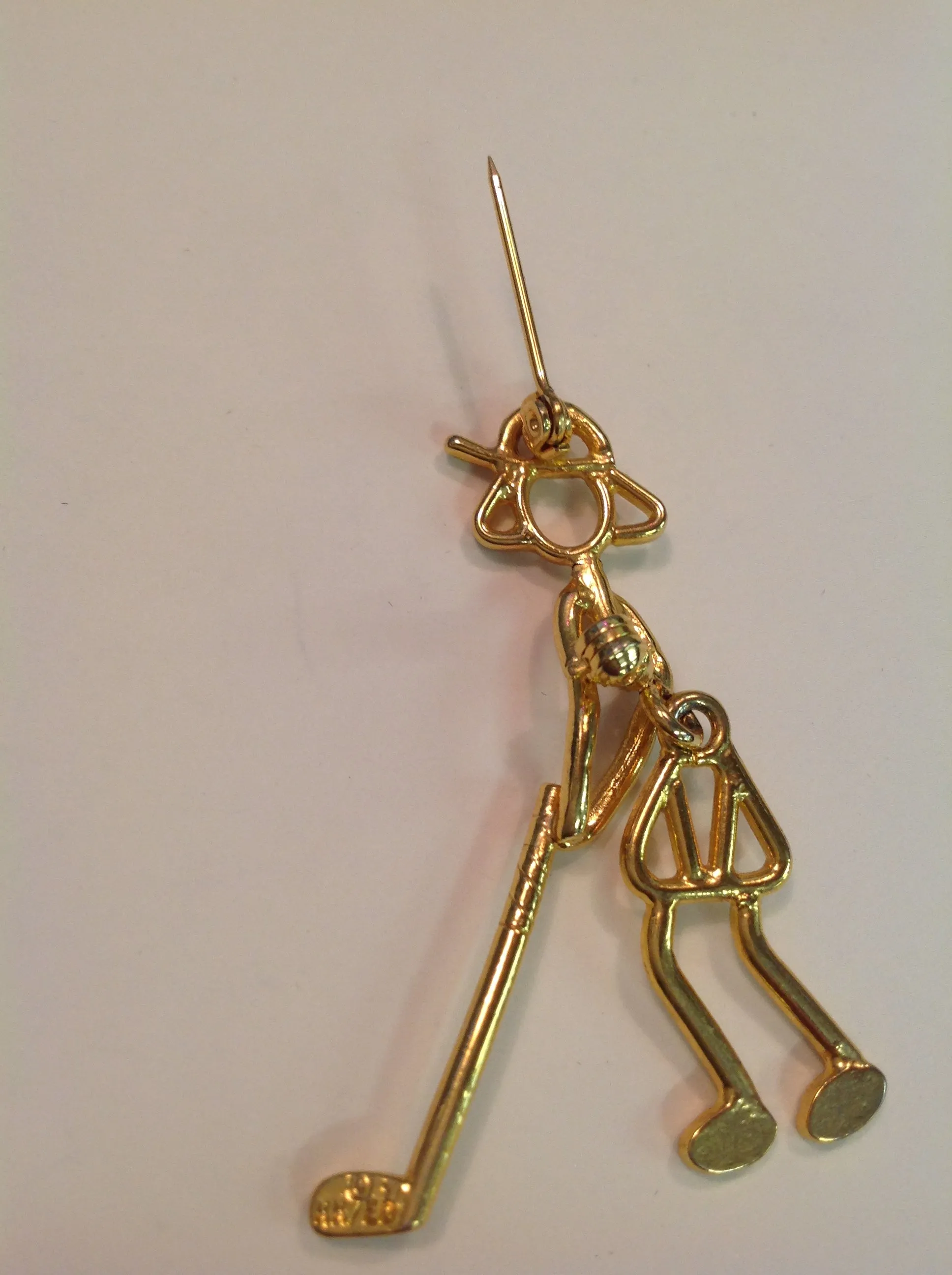 Vintage Goldtone Comic Lady Golfer MCM Stick Figure Brooch Pin Jointed Golf Swing