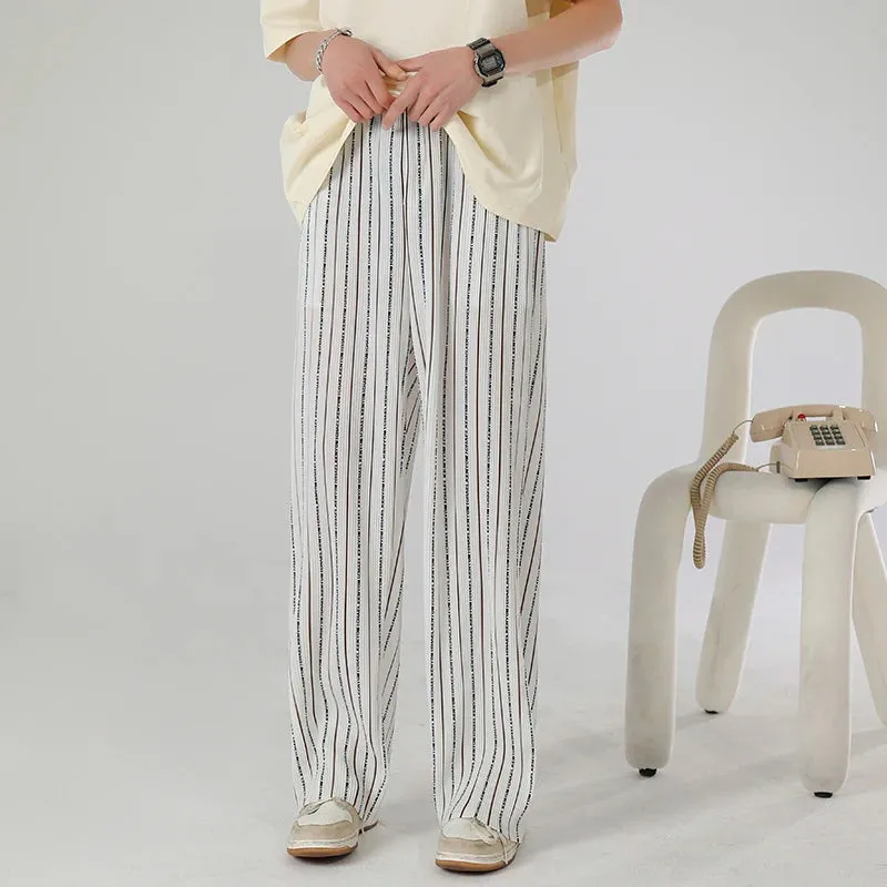 Wiaofellas  -  Summer New Men's Straight Striped Ice Silk Non-ironing Casual Trousers Loose Large Size Wide-leg Sports Trousers