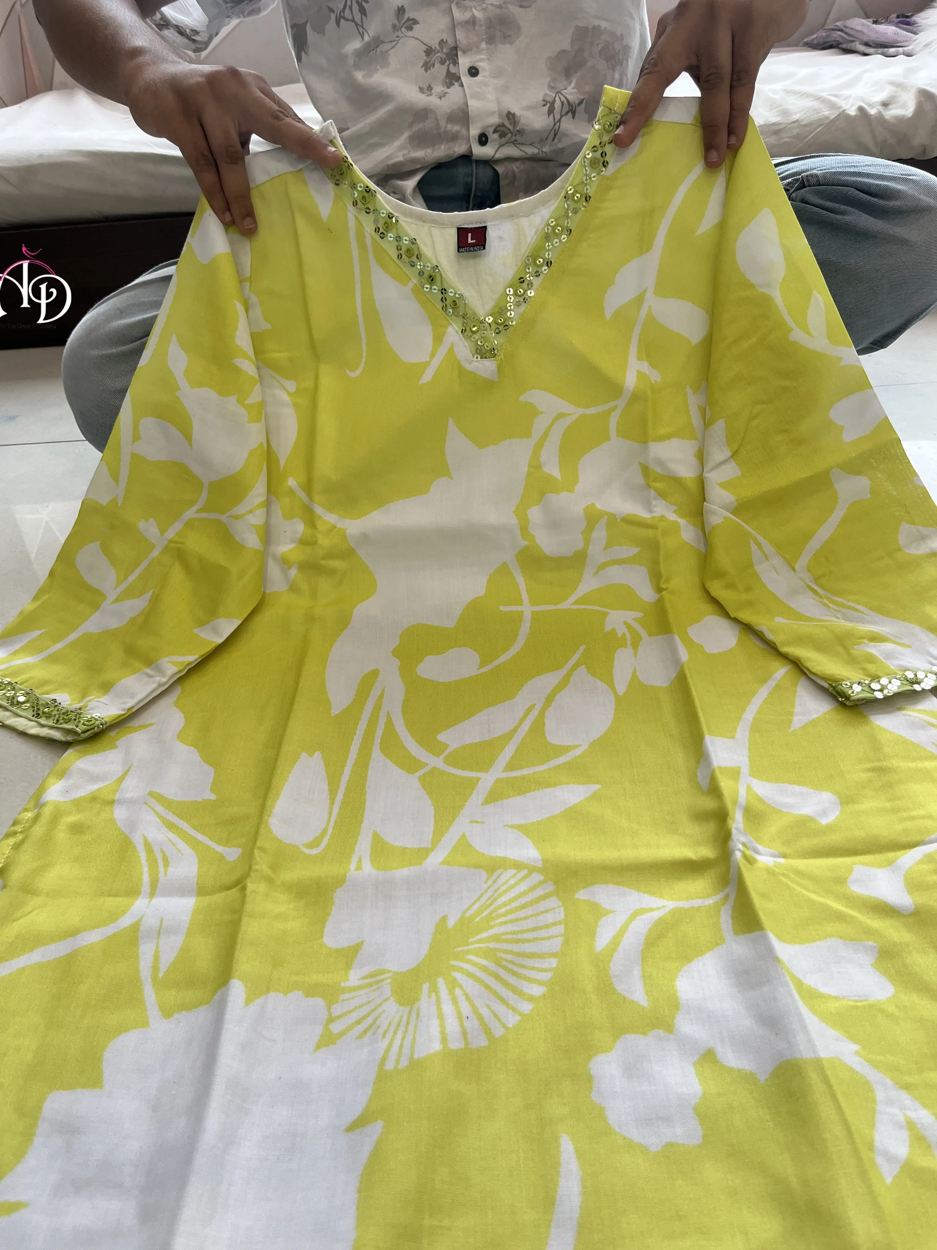 Women's Cotton Printed Lime Green Kurta Set With Palazzo & Dupatta