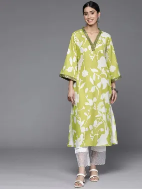 Women's Cotton Printed Lime Green Kurta Set With Palazzo & Dupatta