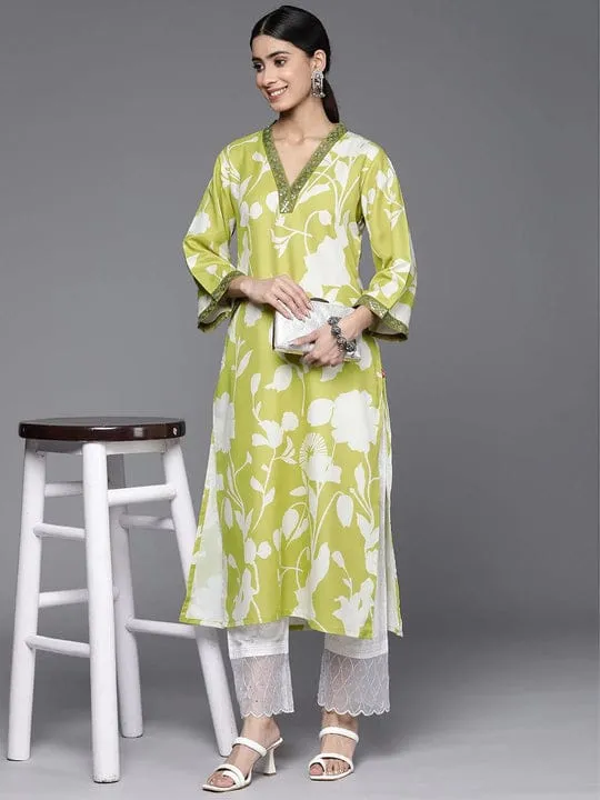 Women's Cotton Printed Lime Green Kurta Set With Palazzo & Dupatta